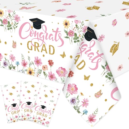 Image of Ganeen 3 Pcs Graduation Tablecloth Floral Class of 2026 Congrats Grad Table Cloths Pink Disposable Plastic Rectangle Table Cover for 2026 Graduation Decorations Grad Party Supplies, 54 x 108 Inch