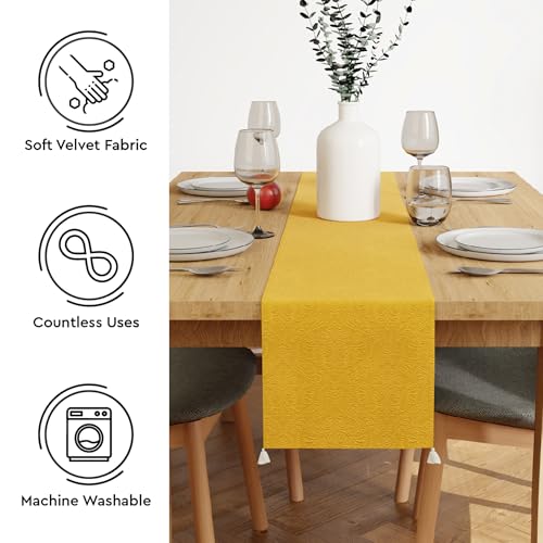 Image of Encasa XO 4 to 6 Seater Dining Embossed Velvet Table Runner | Size 32x183 cm | Lemon Yellow Color with Premium Polyester - Machine Washable