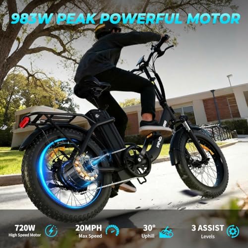 WINDHORSE 20" Foldable Electric Bike, 983W Peak Motor, 20MPH, 55–70 Miles, 48V 748.8Wh Removable UL Battery, Front Suspension, Fat Tire E-Bike for Commuting, Beach, All -Terrain | Adults & Teens