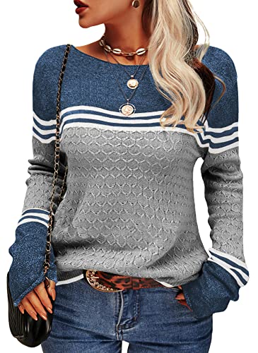 Image of Danedvi Womens Fall Fashion 2026 Sweaters Colorblock Lightweight Striped Crewneck Winter Trendy Pullover Tops