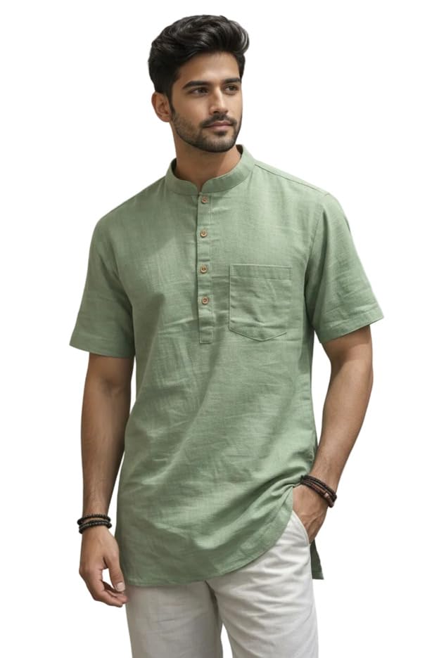 Men's Cotton Short Kurta, Sage Green, Mandarin Collar, Casual Ethnic Tunic, Lightweight Summer Wear-image-27