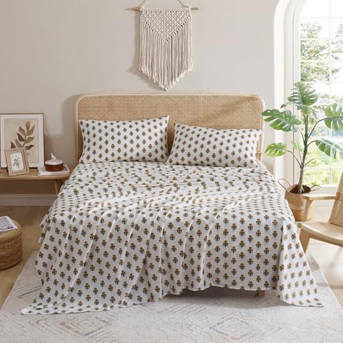Indigo Ink - King Bed Sheets, Cotton Flannel Bedding with Matching Pillowcases, Ultra-Soft Floral Bed Set, Medium-Weight for All Year Use, Oeko-Tex Certified (Golden Bloom Collection, White/Gold) - Thumbnail 3