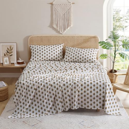 Indigo Ink - Sábanas de Cama King, Ropa de Cama de Franela de algodón con Fundas de Almohada a Juego, Juego de Cama Floral ultrasuave, Peso Medio para Uso Durante Todo el año, Certificado Oeko-Tex