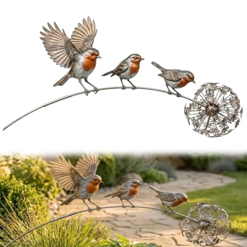 Generisch Gartenstecker mit Rotkehlchen-Motiv kinetische Metall-Vogelfigur wetterfeste rustikale Gartendekoration mit Rotkehlchen und Löwenzahn Erinnerungsstück für Verstorbene (1pc)