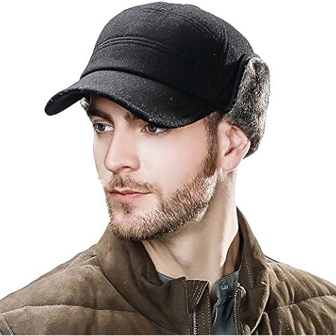 SIGGI Mens Wool Winter Visor Baseball Cap Earflap Hat Faux Fur Ear Warmer Large Black - 60cm Cover
