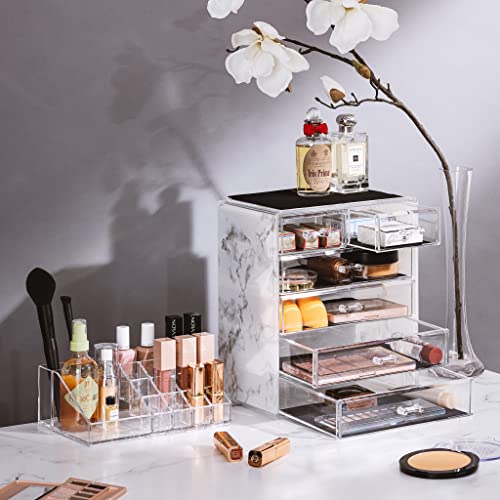 Image of Sorbus Acrylic Makeup Organizer Set, 6-Drawer Vanity & Countertop Cosmetic Storage with Small & Wide Compartments, Marble Print Makeup Storage for Brushes, Jewelry - Holiday Gift for Women & Teens