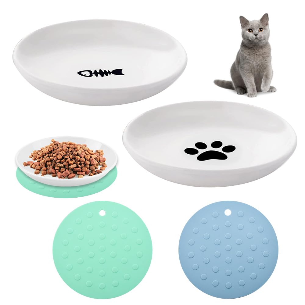 GIGIIS Comedero para Gatos de cerámica Juego de 2 Cuencos para Gatos Cat Bow Platos de Gatos Plato Comida Gato Plano con 2 Almohadillas de Silicona Antideslizantes