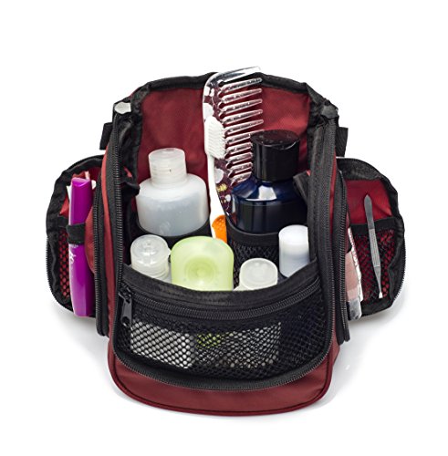 Compact Hanging Toiletry Bag and Organizer, Water Resistant with Mesh Pockets (Maroon)
