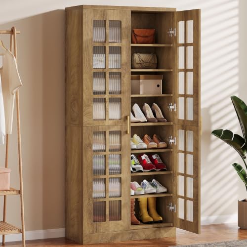 Image of Tribesigns Tall Shoe Cabinet Set of 2, 8-Tier Modern Shoe Storage Cabinet | Shoe Rack Cabinet with Adjustable Shelves, Stable and Sturdy, Tall Shoe Organizer for Entryway, Hallway, Closet, Wood Color