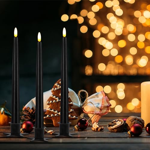 Image of CVHOMEDECO. Flameless Taper Candles with 10-Key Remote, Battery Operated Led Flickering 3D Wick Window Candles Real Wax Finished Home Christmas Party Decor 0.78 x 11 Inch, Pack of 3, Black