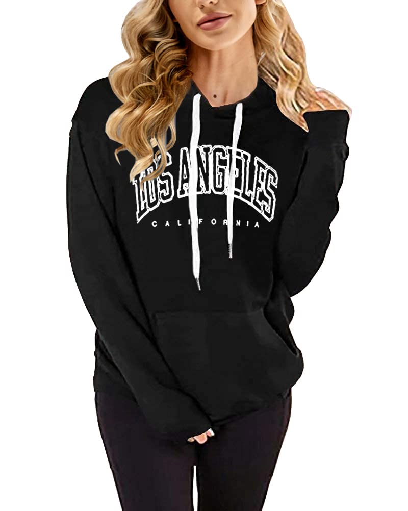 Photo 1 of Bigeoosh Women's Los Angeles Hoodies Fall Oversized Letter Graphic Pullover Sweatshirts Black X-Large