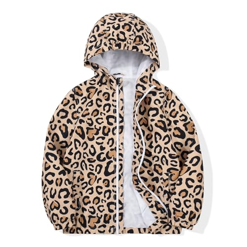 JOYSON Girls Rain Jacket Lightweight Windbreaker Jacket Kids Waterproof Outerwear Raincoat with Hood Brown Leopard 7-8 Years