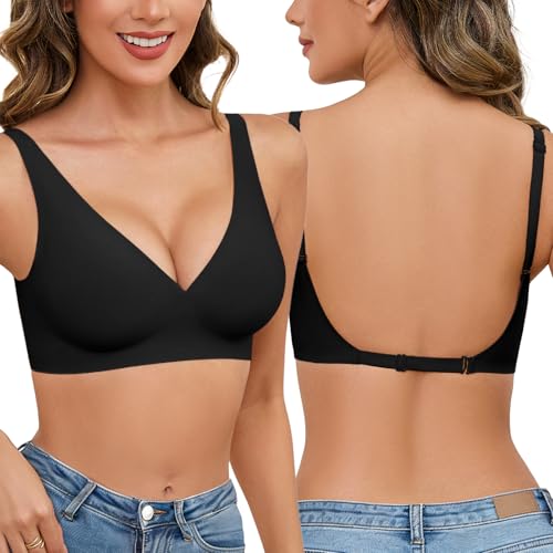 Niwicee Sujetador sin Espalda para Mujer Sujetadores sin Costuras Invisible Sujetador Push Up en V Profunda Sujetador Tirantes Multidireccionales Convertibles para Vestido y Boda (Negro, L)