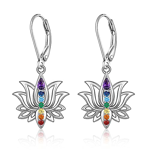 Chakra Earrings Lotus Flower 7 chakra Stones Leverback Earrings for Women Dangle Yoga Lotus Jewelry Balance Meditation