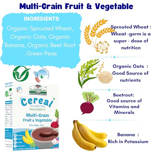 Image of TummyFriendly Foods Certified Organic Sprouted Ragi, Almonds, Oats, Sweet Potato Porridge Mix | Made of Sprouted Ragi Powder, Almond Cereal Organic Baby Food for 8 Month. Sprouted for Calcium, Iron | Maximum Nutrition From Real Food | Available in Trial Baby Packs too | Shelf-life 9 month | 200g (RagiMultiGrain2x200g)