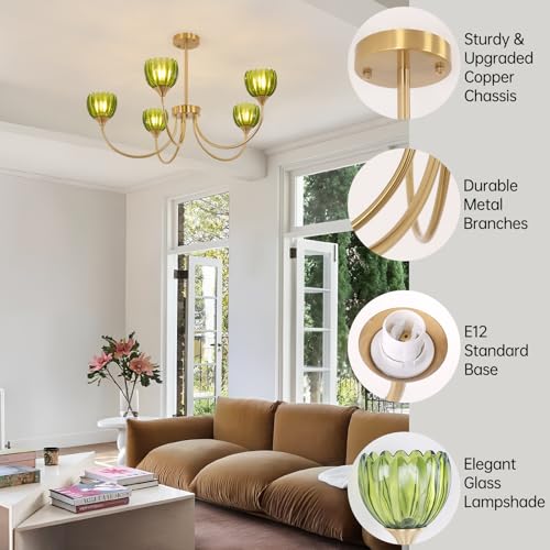 Image of Shenmoyl 30.31 inch Brass Gold 5-Light Chandelier, 5-Arm Green Tulip Glass Pendant Light Fixture, Height Adjustable Vintage Branch Chandelier for Dining Room Living Room Kitchen Island Farmhouse