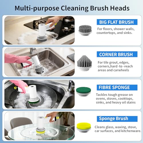 3000mAh Cordless Electric Spin Scrubber for Kitchen Bathroom Car | 20W High-Torque IPX7 Waterproof Cleaning Brush with 6 Replaceable Heads, Dual Speed 150-180 Mins Runtime — view 4