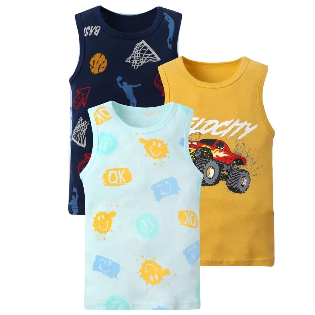 benetia Toddler Baby Boys Cotton Sleeveless Tank Top Cartoon Dinosau Undershirts Kids 18 Months- 8Years 3-Pack