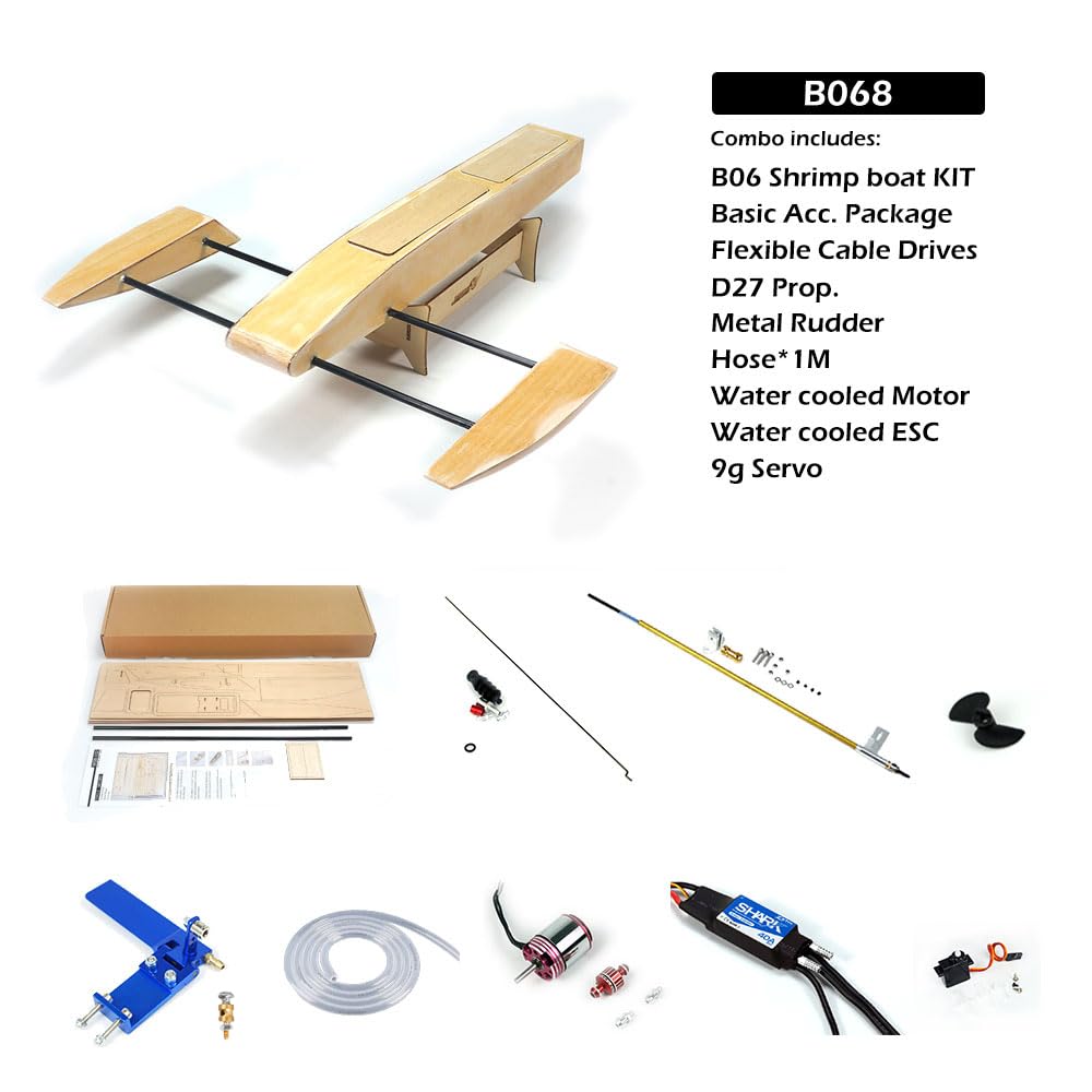 RC Boat DW Hobby Pilot Drewniany Łódź Krewetka Wysoka Prędkość Elektryczna Łódź Drewniany zestaw Sponson (495 mm) z systemem zasilania z trzpieniem i metalowym sterem B068