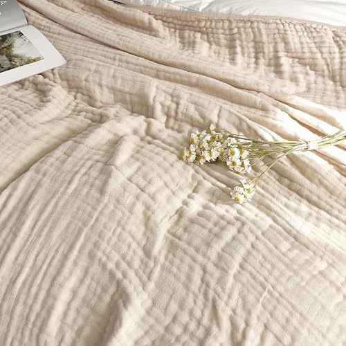 Image of SANACYNA Queen Size Muslin Blankets for Adults 100% Cotton 6-Layer Gauze Light Tan Cooling Throw Blanket Lightweight Soft Breathable Blanket for Sofa Coverlet Both Sides (Light Tan, Queen 90 inch X 90 inch)