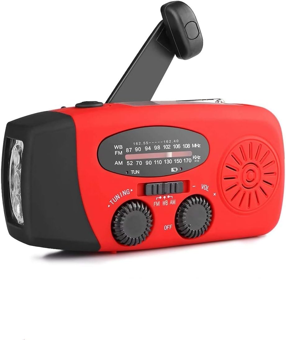 Wind Up Solar Radio, Survival Hand Crank Dynamo AM/FM Emergency Weather Radio, with Rechargeable USB Phone Charger, LED Bright Flashlight, use for Household and Outdoor Camping, Hiking (Red)