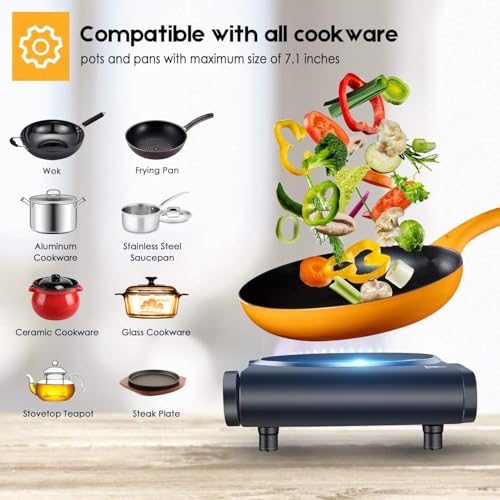 Image of 1200W Infrared Single Burner Electric Hot Plate, Fast Heating & Energy Efficient, 7 Inch Ceramic Glass Portable Electric Stove with Adjustable Temperature Control, Compatible w /All Cookware