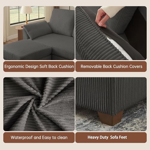 Image of Sectional Sofa with Dual Storage Ottomans, 4 Seat U Shaped Couches for Living Room: Soft Corduroy | Double Movable Chaise Ottoman | Modern Reversible Convertible Couch Set, Dark Grey