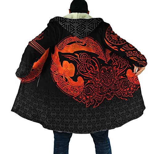 Fenrir Wolf Tattoo Men's Warm Thickened Parker Jacket Viking mid-length winter lambswool casual long sleeve hooded Coat (Color : Fenrir Wolf A07, Size : XX-Large)