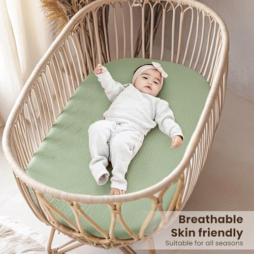 Image of Konssy 2 Pack Muslin Bassinet Sheets for Boys, Girls, 100% Cotton Soft Breathable Fitted Bassinet Mattress Sheet, 32 x 16 inches (Woodland,Sage)