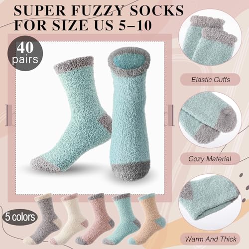 Foaincore 40 Pairs Fuzzy Socks Bulk for Gift 5 Warm Color Cozy Fluffy Women Socks Warm Furry Socks Winter Colorful Fuzzy Socks Pack for Gifts Women Christmas2