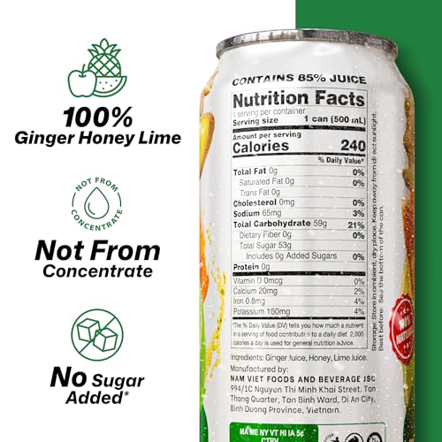 Image of VINUT Ginger, Honey & Lime Juice, 85% Juice, No Added Sugar, Not From Concentrate, 16.9 fl oz (500 mL) Can, Pack of 24