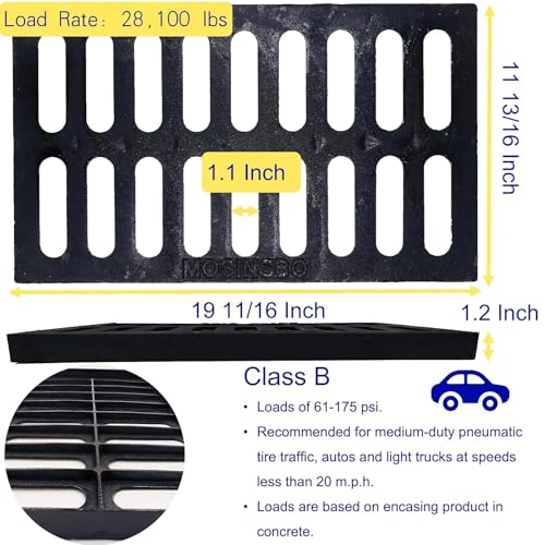 Image of Cast Iron Drain Grate, Driveway Channel Cover 20x12 in B-Class | Heavy-Duty Outdoor Trench Drainage, Black Rectangle Metal Sewer Cover for Garage, Yard, True 19.7x11.8