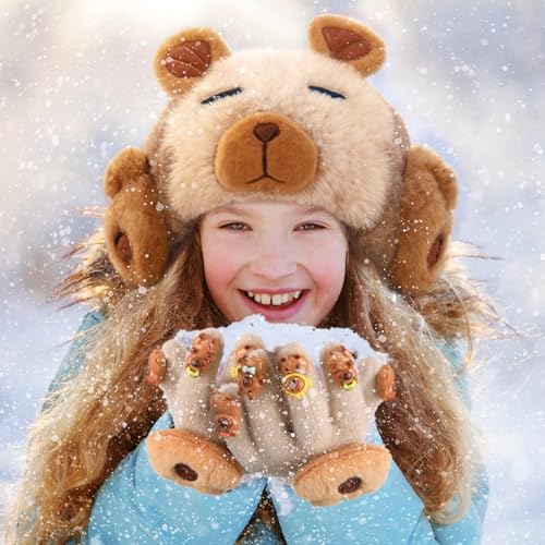 4 Pcs Kids Winter Capybara Hat Earmuffs Scarf and Kids Gloves Set Plush Capybara Winter Warm Set for Age 7-122