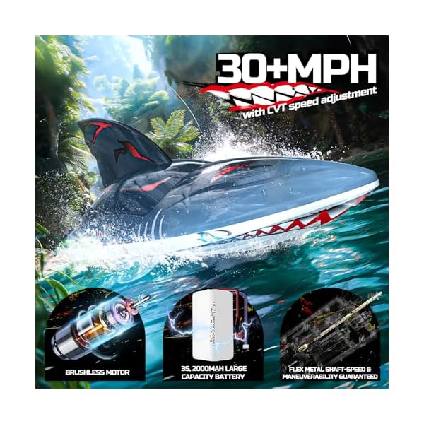 DEERC Ferngesteuerte Boote BÃ¼rstenlos RC Haiboot, 48+KM/H 3S Hochgeschwindigkeits, Selbstaufrichtendes 2.4Ghz mit LED Lichtern, Sommer Spielzeug Geschenk fÃ¼r Kinder, Erwachsene – Bild 3
