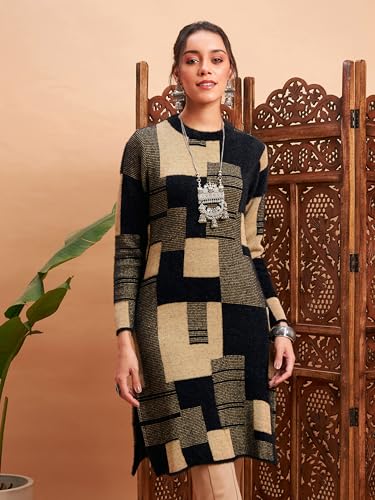Image of Women's Woolen Winter Kurta | Ethnic Motifs Self Design Long Sleeve Straight Wool Kurti with Round Neck