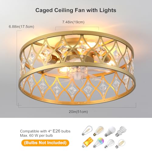 Image of Garwarm Caged Ceiling Fan with Light,20 inch Ceiling Fans with Lights and Remote,Bladeless Fandelier Small Low Profile Ceiling Fan Light Fixture for Bedroom,Kitchen,Dining Room,Gold