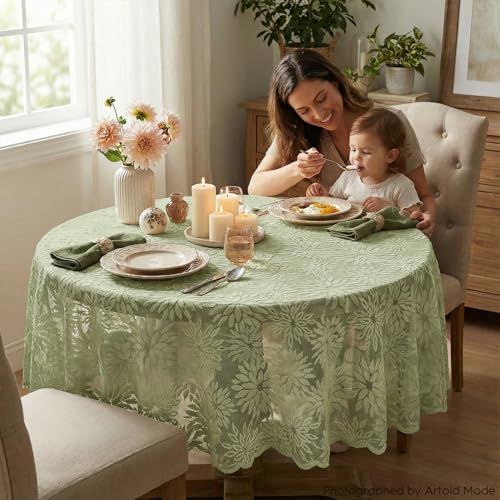 Artoid Mode Spitze Jacquard Blumen Grün Dahlien Frühling Tischdecke Rund 150 cm, Saisonnal Sommer Tischwäsche Küche Dekoration Party Dekor