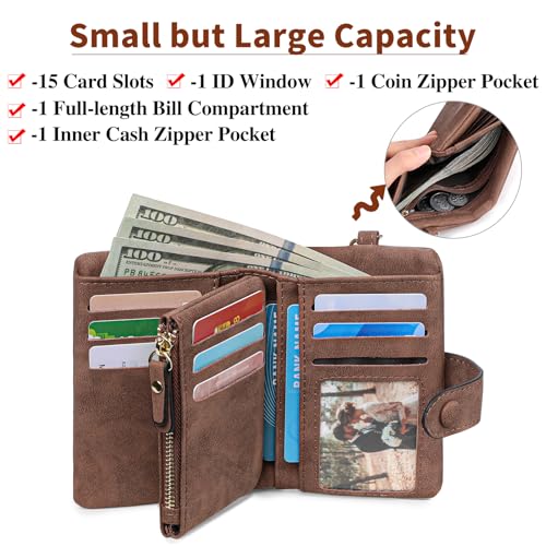 Small Genuine Leather Wallet for Women RFID Blocking Bifold Wristlet with ID Window & Coin Purse (Brown)3