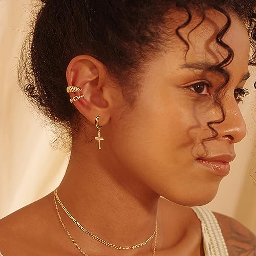Gold Dangle Drop Hoop Earrings for Women Men Gold Plated Dainty Earrings Hypoallergenic Star Cross Huggie Hoops Jewelry for Everyday Wear2