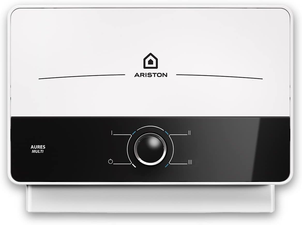 Ariston Aures SM - Termo Eléctrico Vertical Instantáneo, Calentador de Agua Eléctrico Tamaño Reducido, 17,8x30,4x9,8 Fabricado para Instalación en España, Blanco/Negro - Eficiencia A, Rango (A+/F)