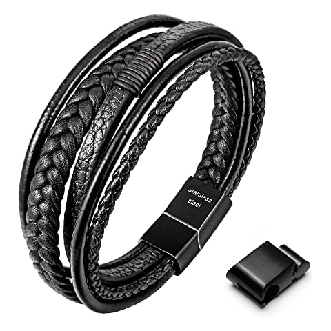 Speroto Mens Bracelet, Adjustable Mens Leather Bracelet with Stainless Steel Magnetic Clasp, Multi-Layer Braided Genuine Leather Bracelet for Men and Women, 7.5 Inches, no gemstone Cover