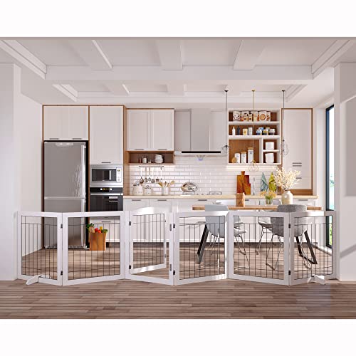 Folding-Pet-Gate-144-Wide-30-Tall-No-Assembly-Wooden-Dog-Gate-with-Door-Walk-Through-Freestanding-Wire-Pet-Gate-Pet-Puppy-Safety-Fence-with-2PCS-Support-White