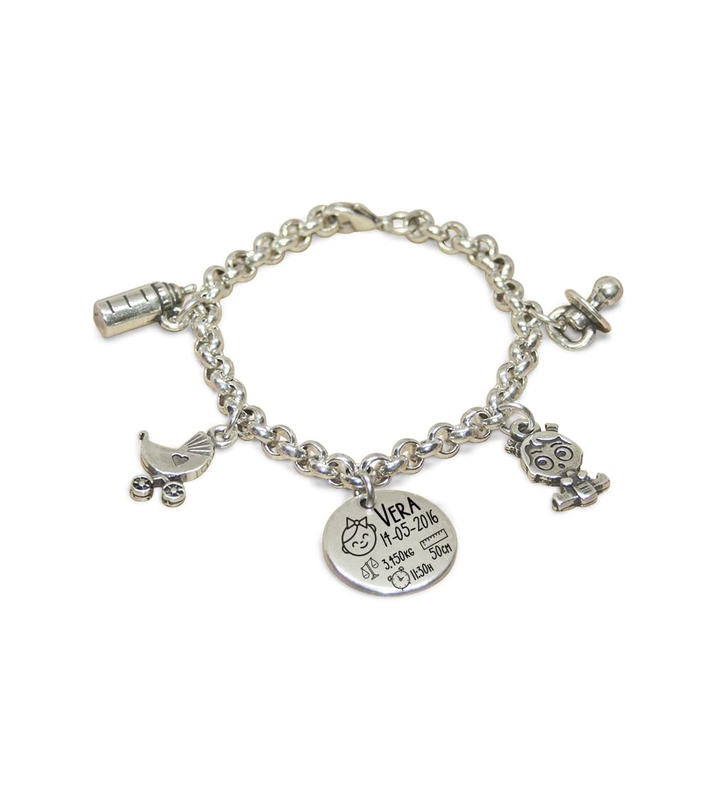 Pulsera charms NATALICIO. Personalizada con todos lo datos de nacimiento de tu bebé. Ideal para regalar el DÍA DE LA MADRE, cumpleaños y ocasiones especiales. Regalos nacimiento. Regalos TPMAS