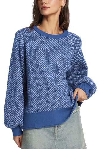 Image of D-Sun Crew Neck Sweater for Women Fall Winter Casual Long Lantern Sleeve Pullover Sweater Chunky Color Block Knit Ribbed Top
