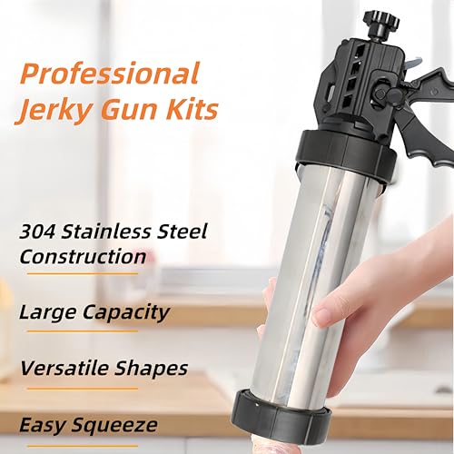 Professional Jerky Gun Kits, 304 Stainless Steel Beef Jerky Gun for Ground Meat, Manual Jerky Cannon Shooter Sausage Press Stuffer Maker with 5 Nozzles 1 Meat Pusher 5 Cleaning Brushes