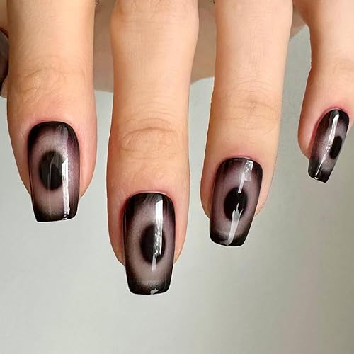 Redykat 30 uñas postizas hechas a mano con diseño de ojo de gato negro brillante, uñas postizas de gel, arte de uñas de calidad de salón de belleza,