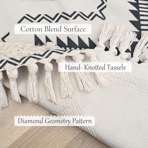 Image of Hand Woven 100% Natural Cotton Export Quality Designer Rug,Carpet, Bed Side Runner for Bedroom,Living Room, Size-2x5 feet or 60 cms x 152 cms (White Black)