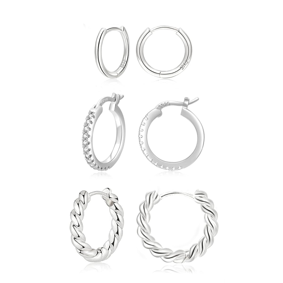 NEVEGE Hoop Earrings, Sterling Silver, 3 Pairs Earrings, Silver Hoop Earrings for Women, Gilrs Hypoallergenic Huggies Earrings, Small Sleeper Hoop Earrings Set for Multiple Piercings, 13 mm/15 mm/20