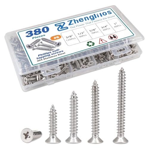 Screw Self Tapping Screw,Drywall Screws Assortment Kit, Wood Screws for Drywall (380 pcs) 304 Stainless Steel, #6×3/8inch,1/2inch,5/8inch,3/4inch,1inch.