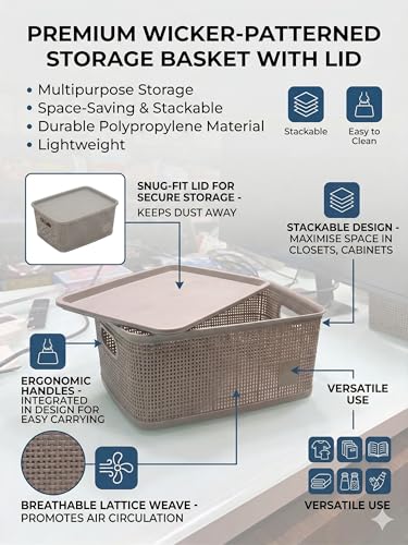 Image of SKI Vogue H1 Multipurpose Storage /Organiser Basket with Lid for Fruits, Toys, Books, Stationery, Cosmetics | Organise Kitchen, Wardrobe, counter-tops - 3 Pcs Set Linen-Beige(Small)